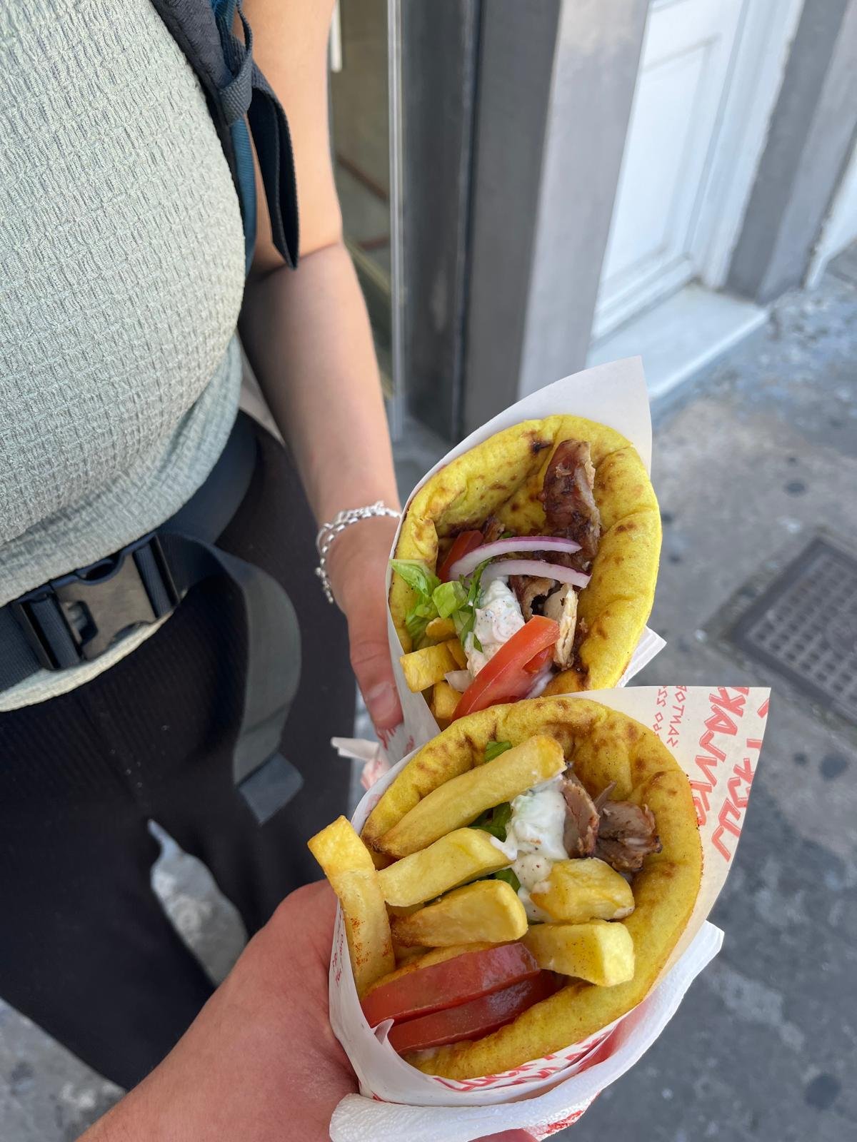 Pork gyros from Lucky's Souvlakis in Fira, Santorini — eaten overlooking the caldera