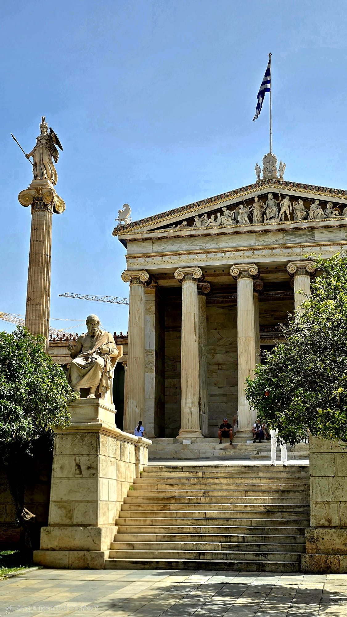 The Academy of Athens — a neoclassical building with marble columns and statues of Athena and Apollo on tall pillars