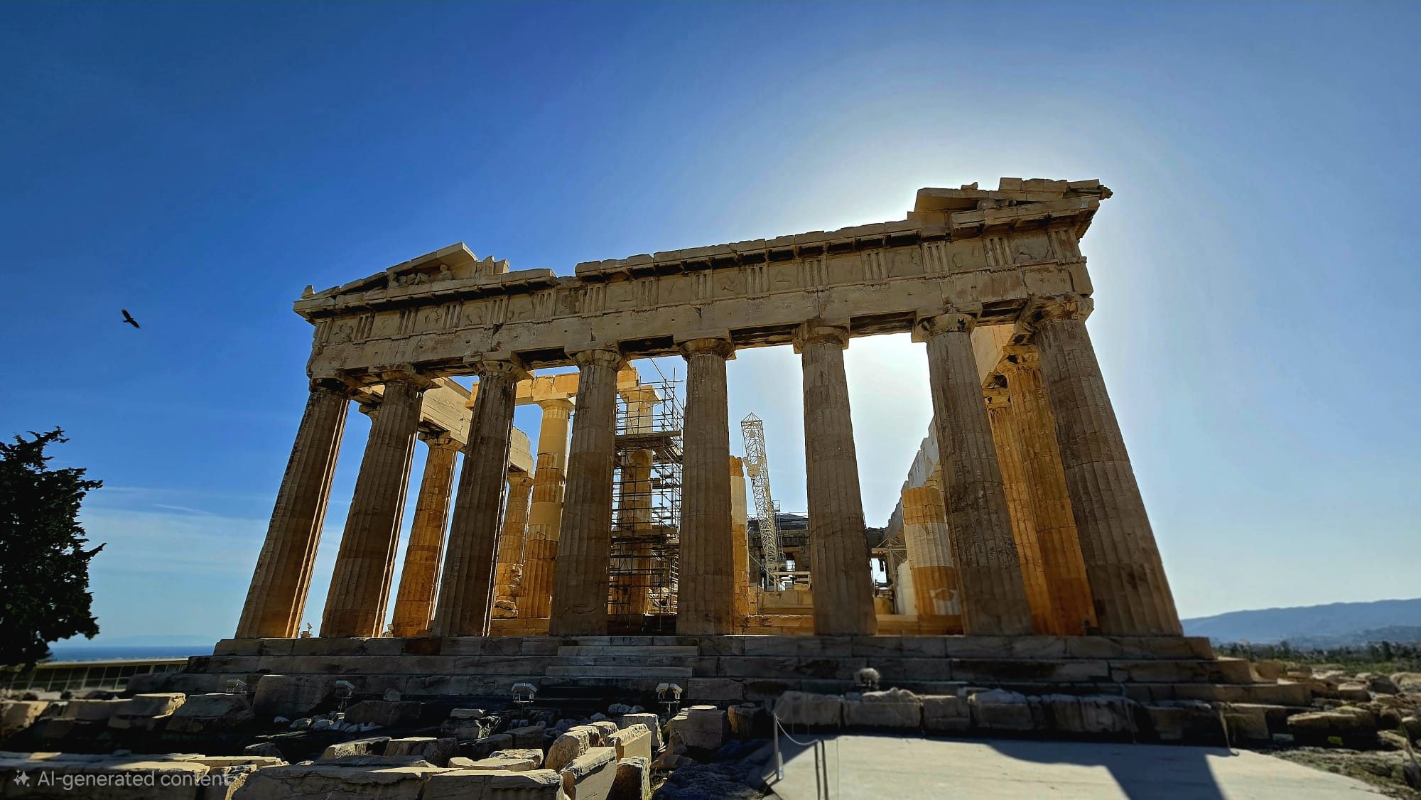 The Parthenon on the Athens Acropolis — the great Doric temple of marble columns standing against a clear sky, partly under restoration scaffolding