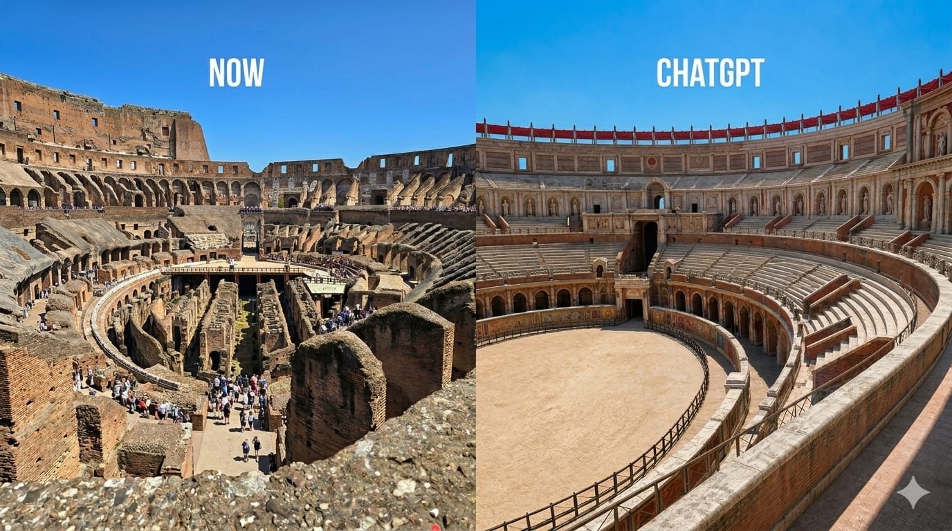 An AI-generated concept render imagining the Roman Colosseum restored to its original form, crowds filling the tiers