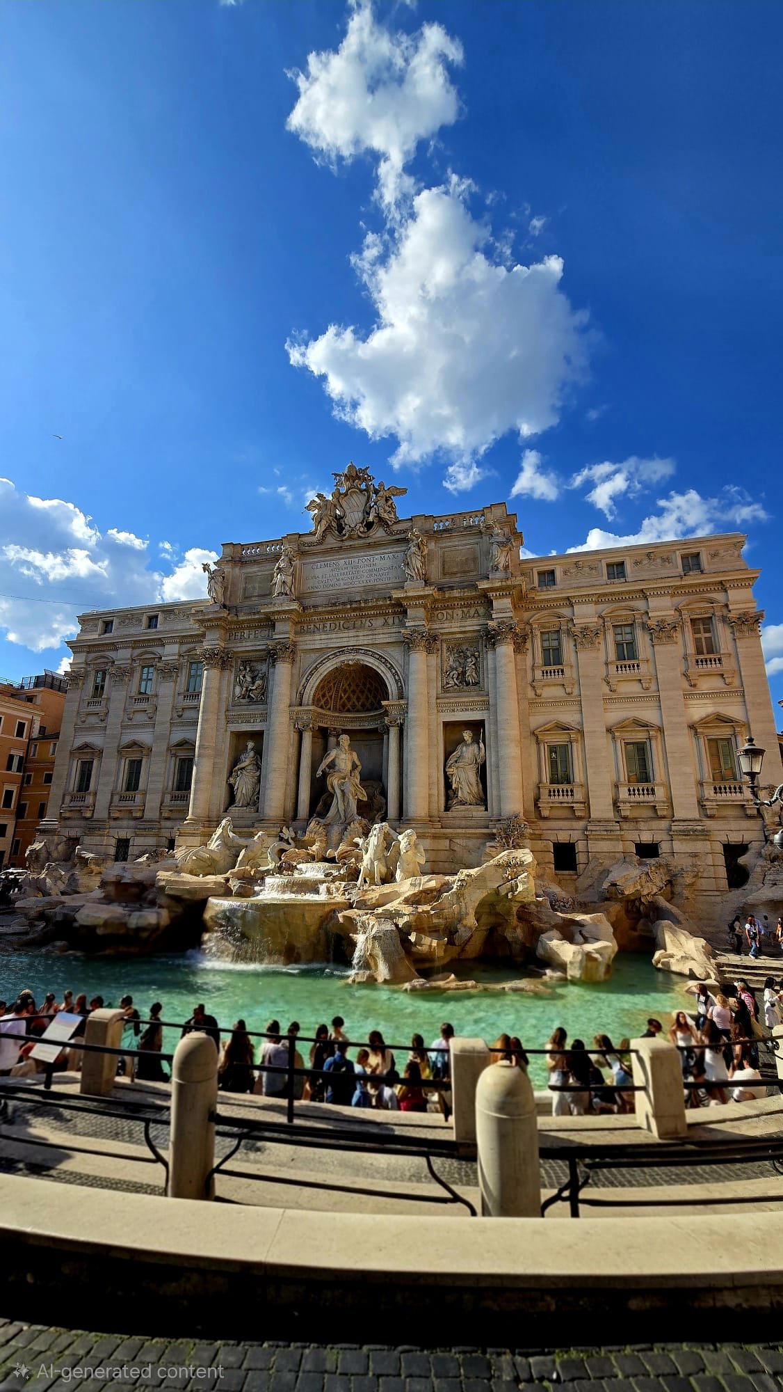 The Trevi Fountain in Rome — baroque marble figures and turquoise water, crowds gathered along the basin edge